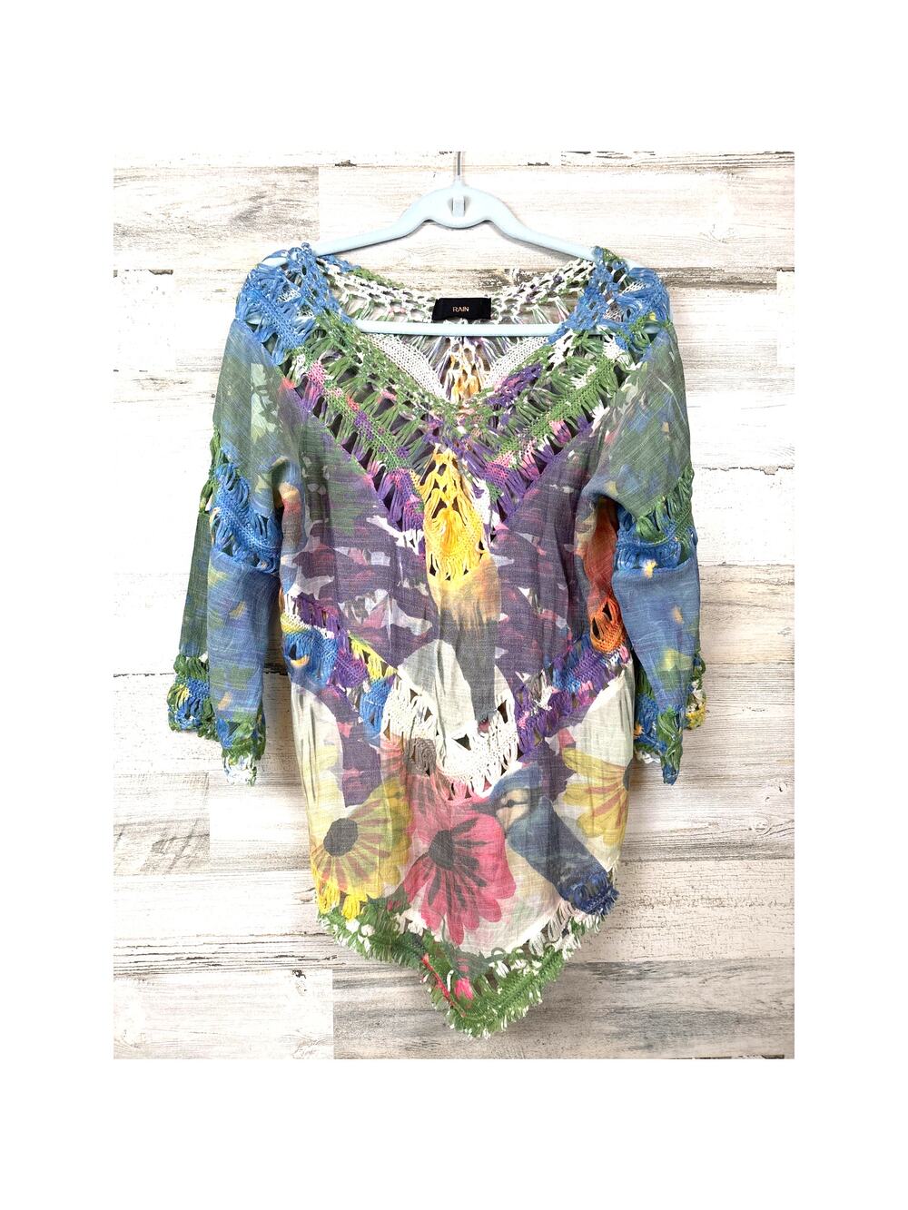 Rain Womens M Multi Color Boho Crochet Lightweight 3 4 Sleeve Pullover Blouse